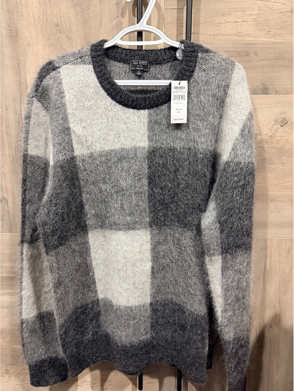 Todd Snyder Brushed Buffalo Check Crewneck Sweater, Size Large, Black/Grey Mohir